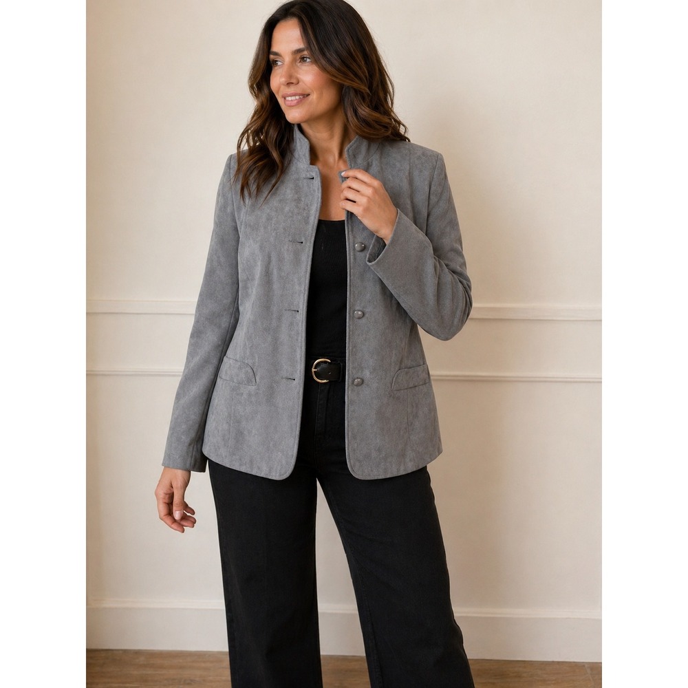 Jon Rico Ultara Grey Faux Suede Blazer Jacket Stand Collar Womens Size L